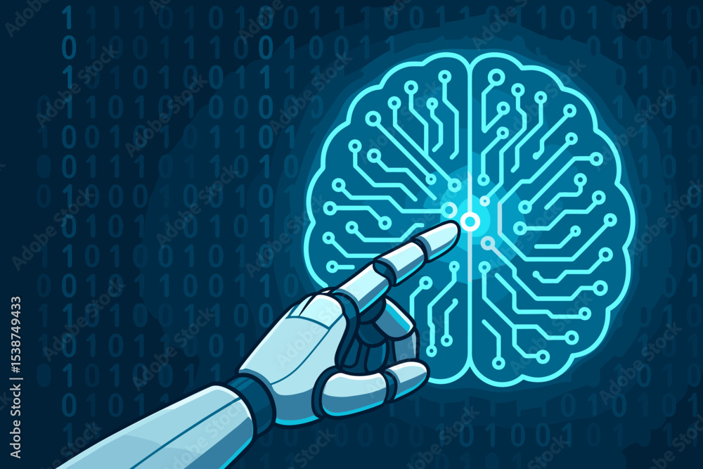 Poster artificial intelligence concept with robotic hand touching digital circuit brain, machine learning, 