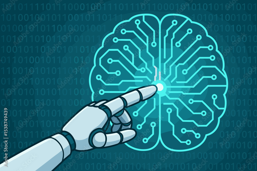 Poster artificial intelligence concept. robotic hand touching digital circuit brain. machine learning, neur