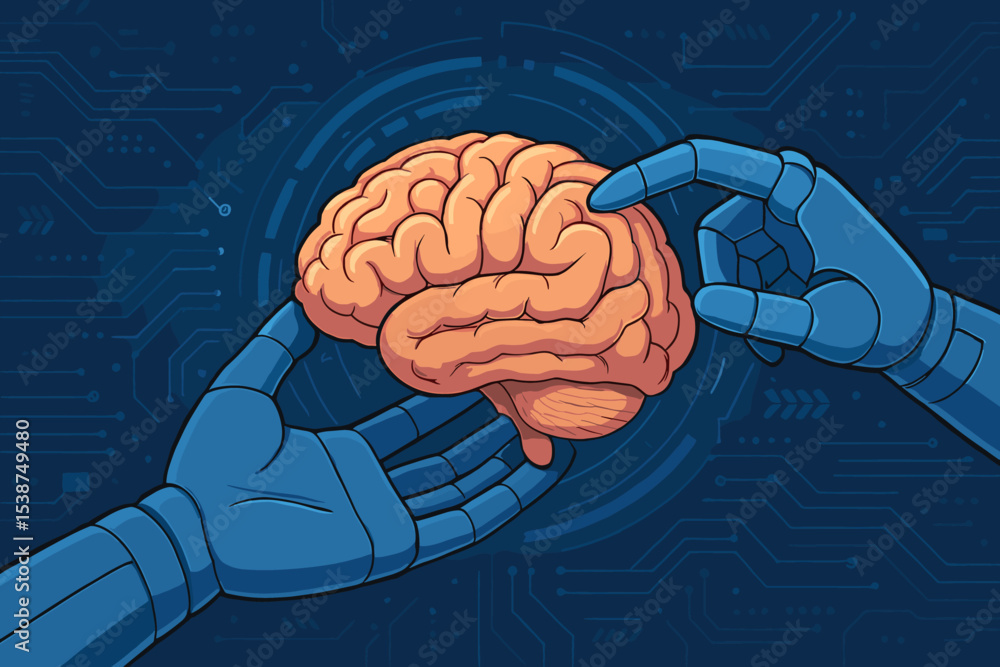 Poster artificial intelligence and human brain interaction concept. robotic hands holding brain. futuristic