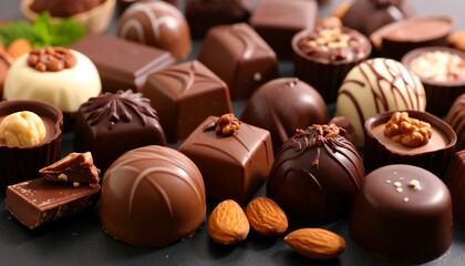Delicious Assortment of Gourmet Chocolates and Nuts with Dark and Milk Chocolate.