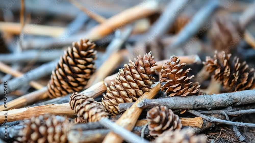 Poster a cluster of pine cones scattered on the forest floor