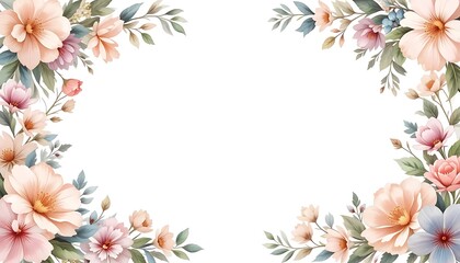 Vintage floral border with soft pastel roses, peonies, and leaves on white background. Perfect for wedding invitations, greeting cards, and elegant designs with space for text in the center.