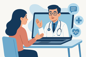 Fototapeta premium Online doctor consultation. Telemedicine concept. Patient talking to a physician on a laptop computer via video call. Virtual healthcare service, telehealth, and remote medical support.