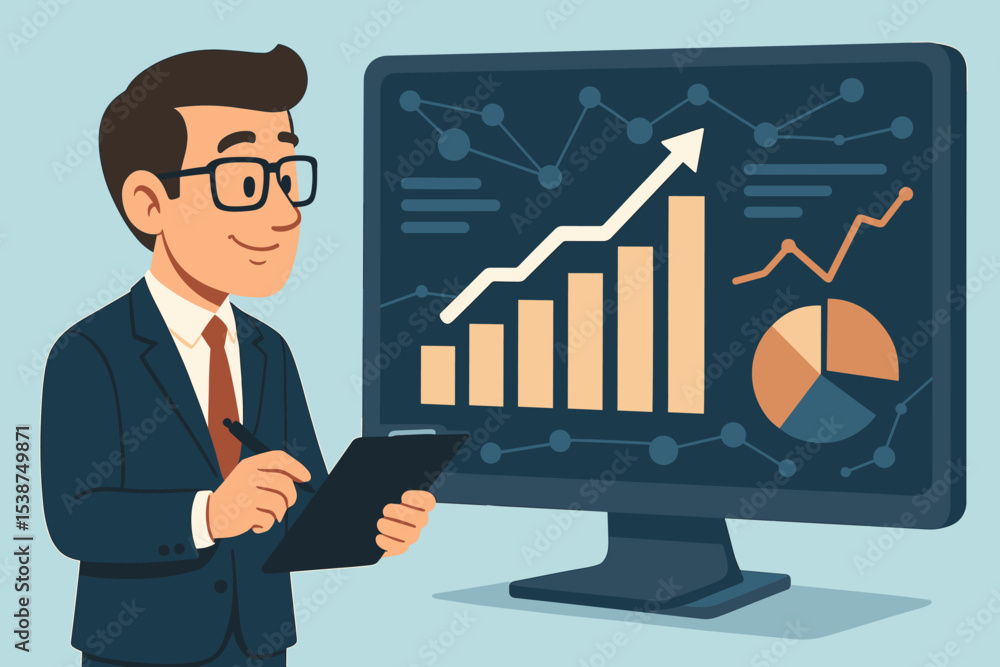 Poster businessman analyzing financial data on computer screen. male manager reviewing sales report with ch