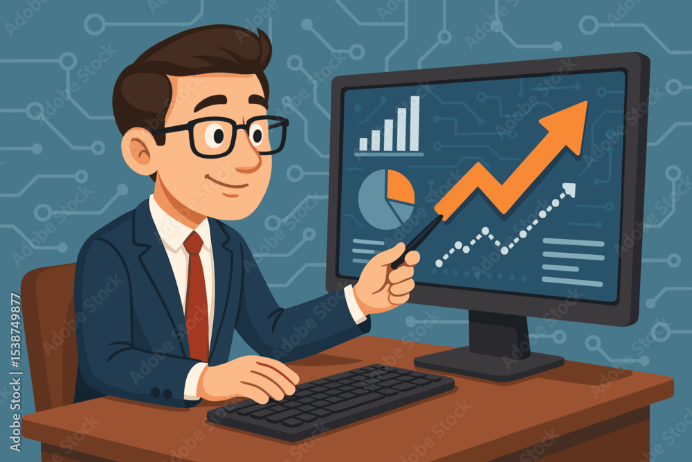 Poster businessman at a desk pointing to a computer screen with financial data. analyst presenting a sales 