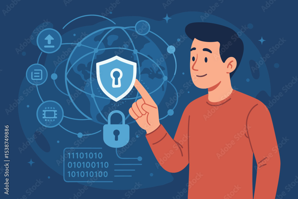 Poster cybersecurity concept with a man touching a digital screen featuring a security shield. global netwo