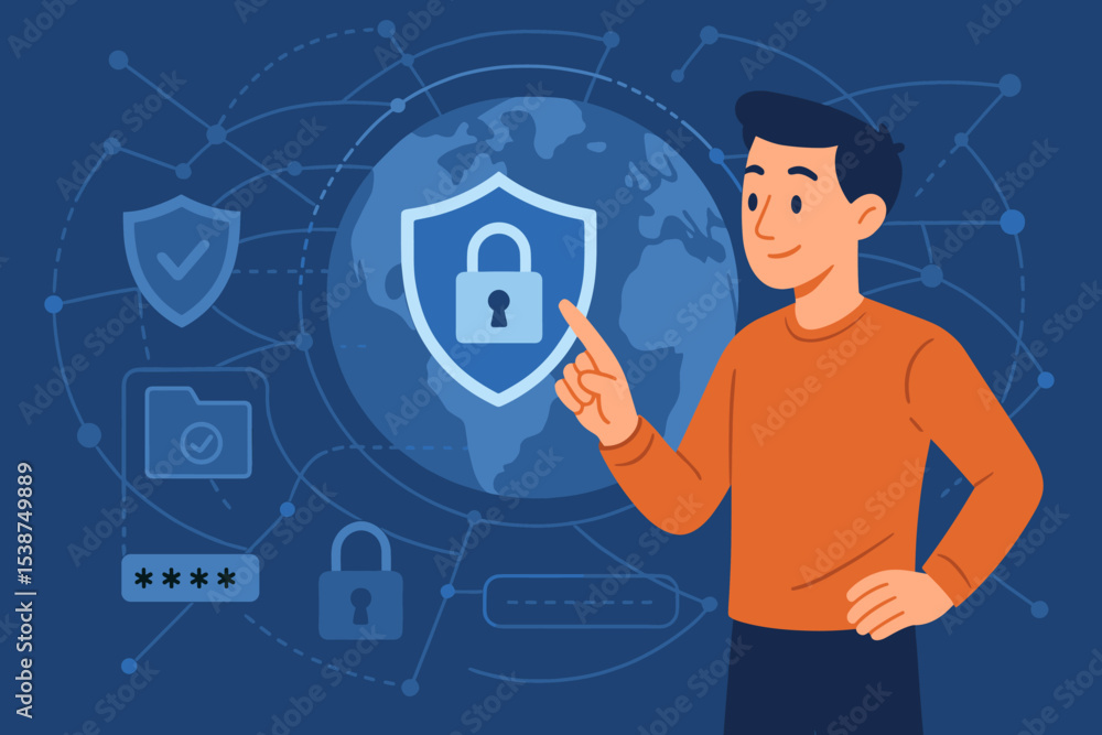 Poster cybersecurity and data protection concept. man managing global network security and internet privacy
