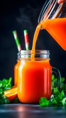 Steaming carrot juice poured into mason jar