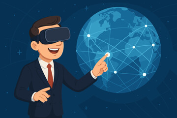 Businessman in VR headset. Global networking. Metaverse concept. Virtual reality for business. Man touching digital globe. Future technology. Worldwide communication. Cyberspace.