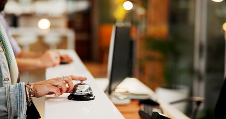 Hands, bell and guest in hotel, attention and signal for request, urgent and reception for check...