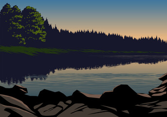Serene landscape  of a lake with calm water and clear sky at sunrise
