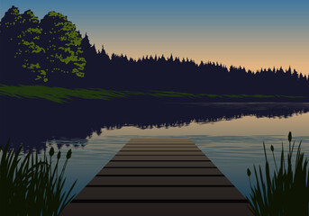 Beautiful sunrise at lake with jetty