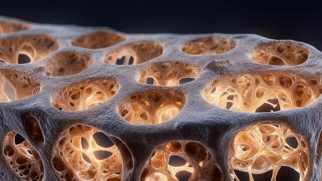 Visualization of progressive bone loss in a femur cross section, highlighting the increasing porosity and fragility associated with conditions like osteoporosis
