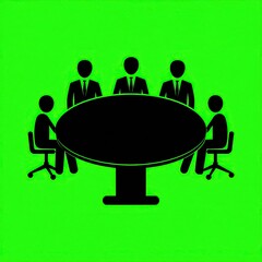Simple black silhouettes of four people in suits seated around a table on a bright green background
