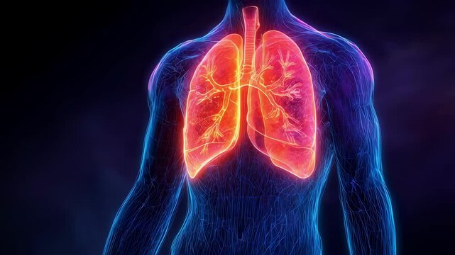 Glowing human lungs losing elasticity. Probably suffering from emphysema. A long term. Progressive disease of the lungs that primarily causes shortness of breath and shown in a medical visualization
