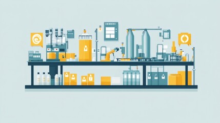 Obraz premium Automated factory production line with robotic arm, conveyor belt, packaging, and quality control.