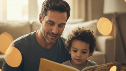 A loving father and son enjoy storytime together, reading a book with smiles. - Powered by Adobe