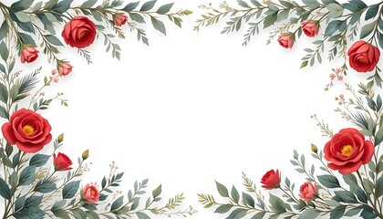 Fototapeta premium Vintage floral border with soft pastel roses, peonies, and leaves on white background. Perfect for wedding invitations, greeting cards, and elegant designs with space for text in the center.