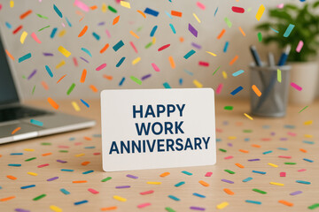 Happy work anniversary card on office desk with colorful confetti celebrating joyful work anniversary moment in professional environment