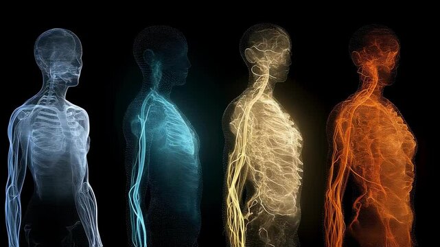 Medical visualization displaying a human body with highlighted nervous system, changing colors from blue to orange, suggesting different states or levels of activity