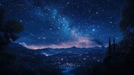 Fototapeta premium Starry Night Over a Serene Landscape with a River and Twinkling Lights in the Distance