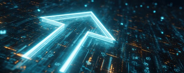 A glowing, futuristic arrow pointing upwards over a digital circuit board, symbolizing progress and technology advancement.