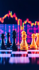 Chess pieces strategy, market graph backdrop, financial planning