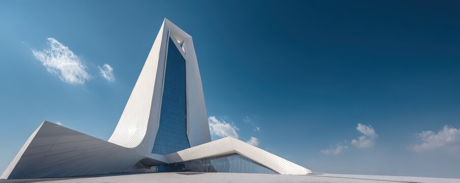 Futuristic white building with sharp angles and a tall central tower under a clear blue sky with scattered clouds.
