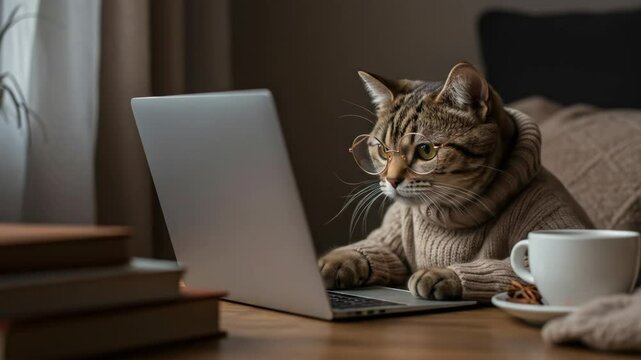 Cozy Cat Working from Home on Laptop - A tabby cat wearing glasses and a sweater sits at a wooden desk, intently looking at a laptop computer.