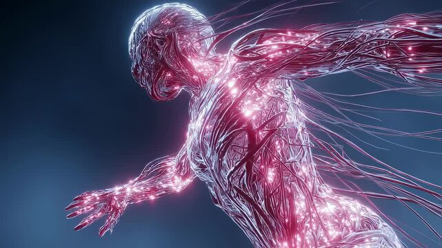 Glowing pink fascia unraveling during running, revealing intricate connective tissue network through dynamic medical visualization of human anatomical movement