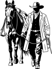 Cowboy with his horse , horseman vector silhouette illustration  