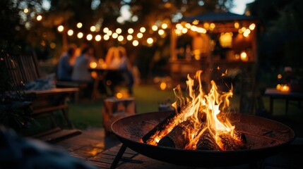 A cozy outdoor evening gathering around a blazing fire pit with string lights and blurred people in a relaxed garden setting.