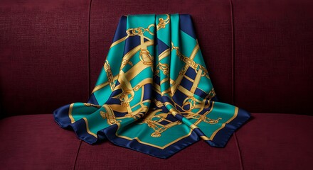 Elegant silk scarf with geometric pattern draped on luxurious red velvet furniture