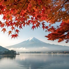 Mount fuji autumn landscape with red maple leaves