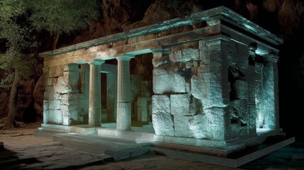Ancient temple ruins illuminated with digital holographic reconstruction for historical preservation and 3d visualization purposes