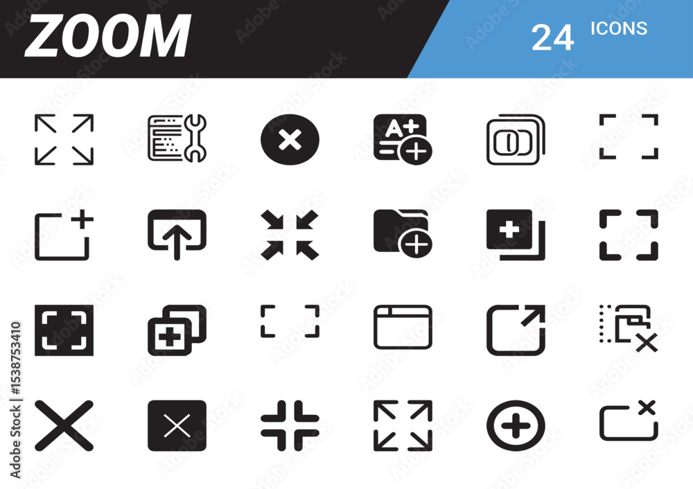 Poster zoom icon pack: a collection of zoom symbols in outlined format, perfect for ui/ux and graphic desig