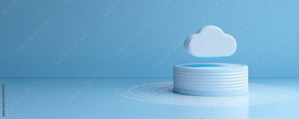 Poster a minimalistic blue scene with a white cloud icon floating above a circular platform emitting concen
