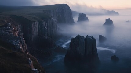 Serene Coastal Landscape at Dusk with Dramatic Cliffs and Misty Ocean Waves Under Soft Twilight