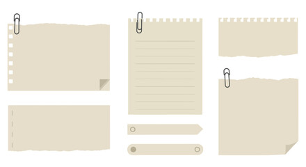 Collection of blank torn and lined paper sheets with paper clips vector illustration