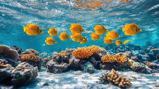 Vibrant coral reef teeming with yellow fish