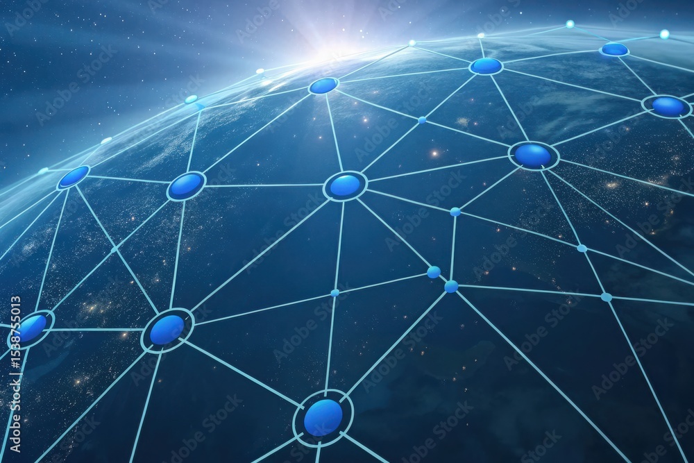 Poster digital render of connected media network floating above earth with gigapixel detail
