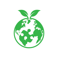 Green Earth Globe with Puzzle Pieces and Leaves on White Background
