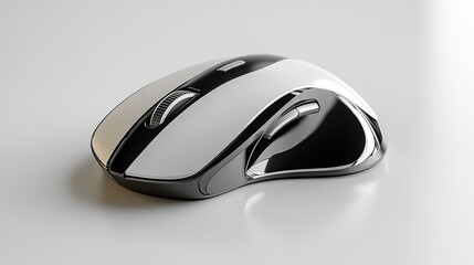 A sleek, modern silver and black wireless computer mouse with a reflective surface on a white background.