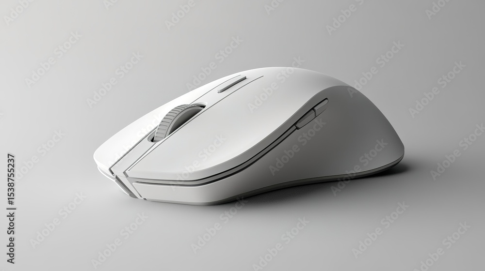 Poster a sleek, white wireless computer mouse on a plain gray surface, showcasing a modern and minimalist d