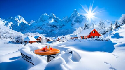 Snowy mountain village cafe winter sun postcard