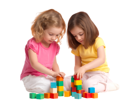 Two little girls playing with colorful wooden blocks isolated on a transparent background