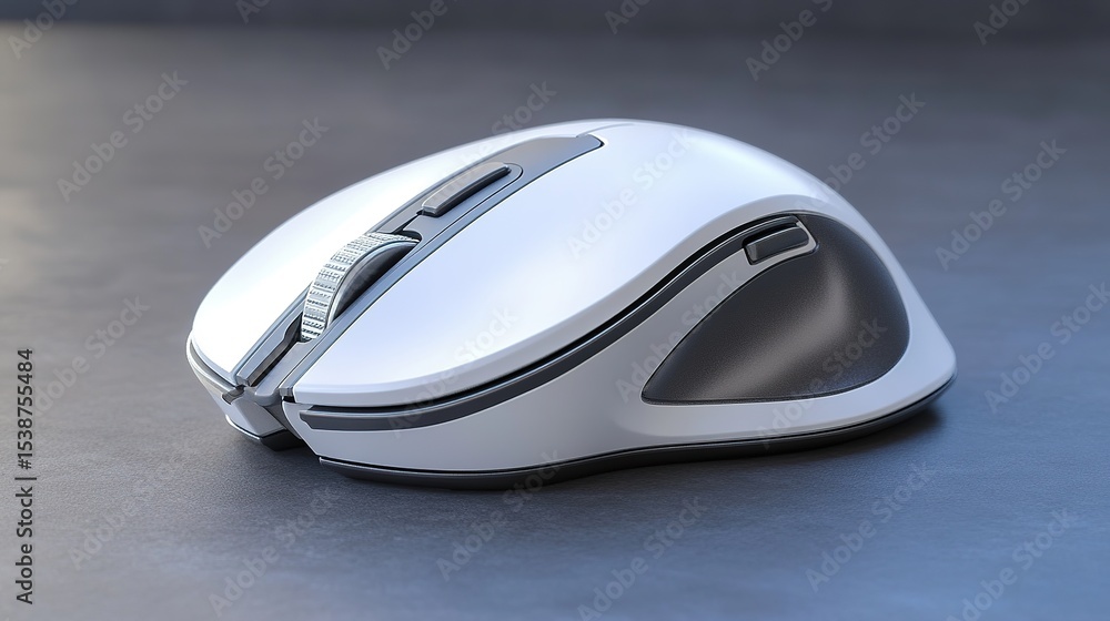 Poster sleek, modern wireless computer mouse in white and black with a scroll wheel, placed on a smooth sur