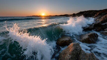 Obraz premium Dramatic sunset over crashing waves on a rocky shore