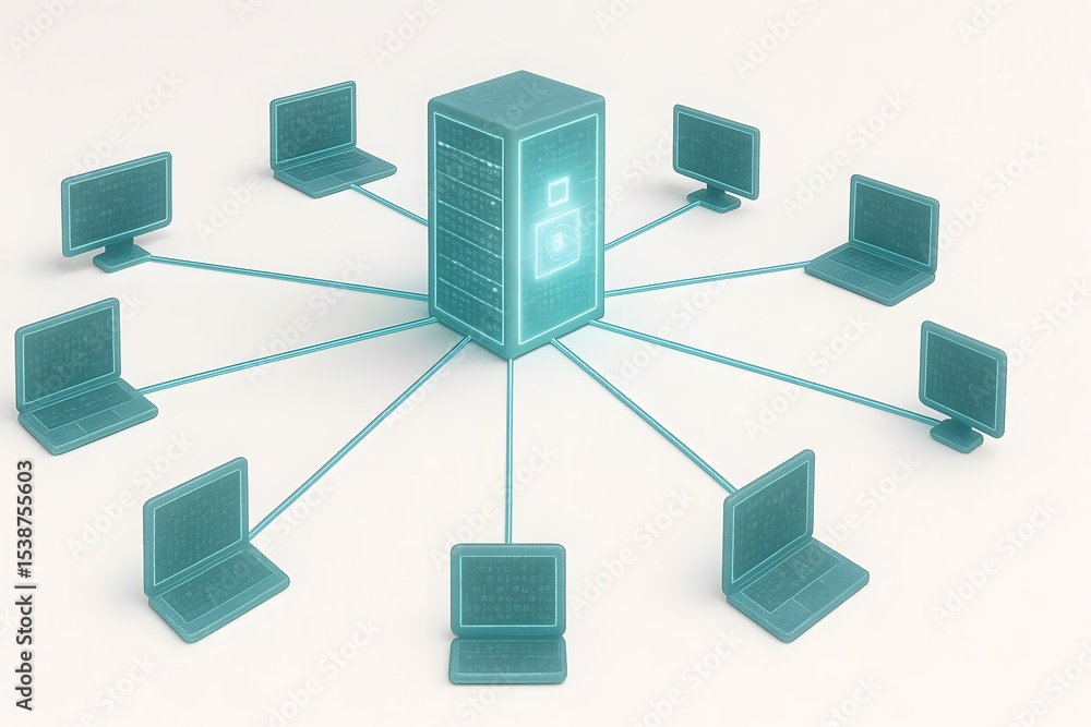 Aufkleber Digital network connecting laptops to a central server in technology