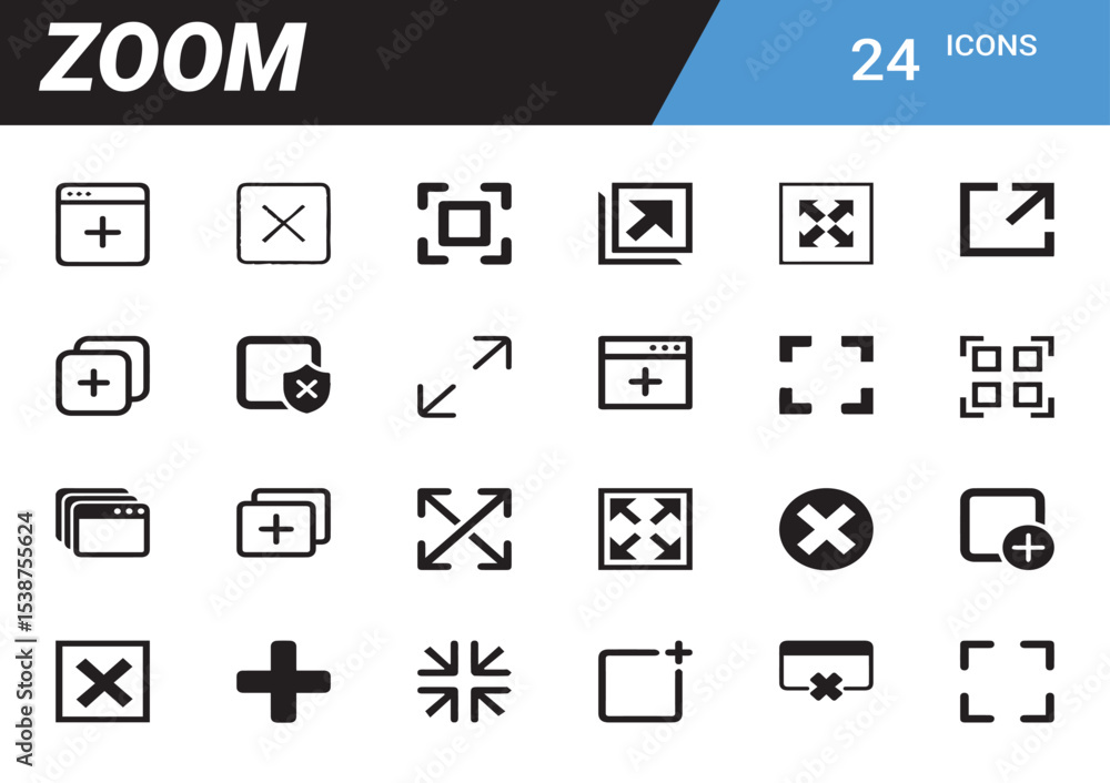 Poster zoom icon collection: a collection of twenty-four diverse zoom icons, designed in a clean and simple